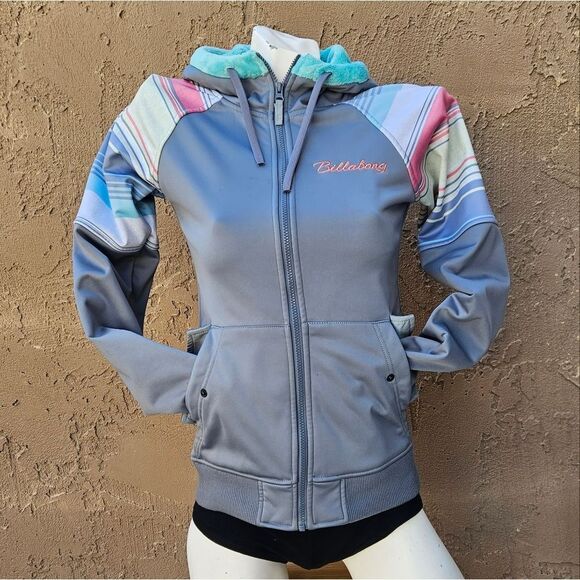 Billabong Gray and Multi-colored Striped Hooded Zip-up Lightweight Jacket - Picture 1 of 16